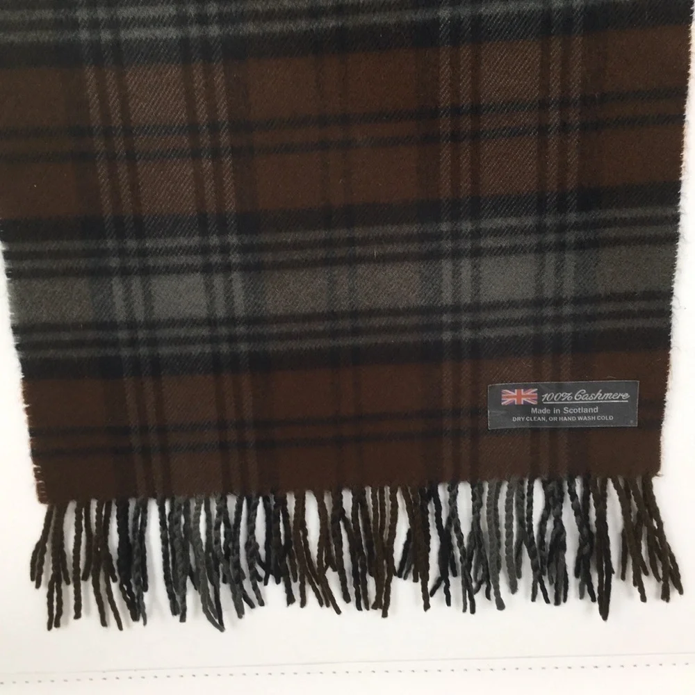 100% Cashmere Made in Scotland Chocolate Brown Latte Plaid Fringe Scarf Unisex